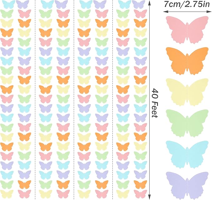 40 Feet Pastel Birthday Decorations Banner Butterfly Streamers Garland Paper Banner Hanging Party Supplies, Hanging Butterfly Wedding Pastel Baby Shower Decorations