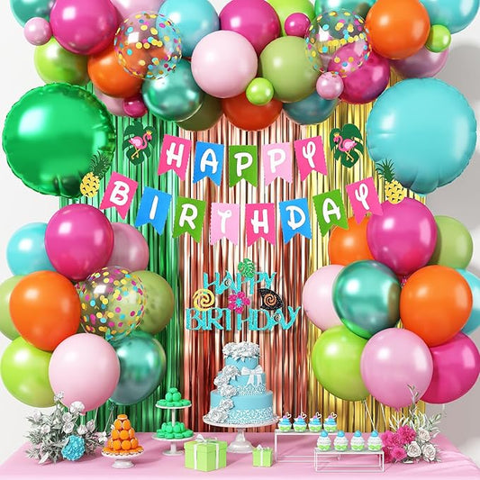Hawaiian Tropical Birthday Party Decorations, Summer Luau Party Decoration Flamingo Birthday Banner Hot Pink Orange Teal Blue Green Metallic Balloons Cake Topper for Beach Baby Shower Aloha Supplies