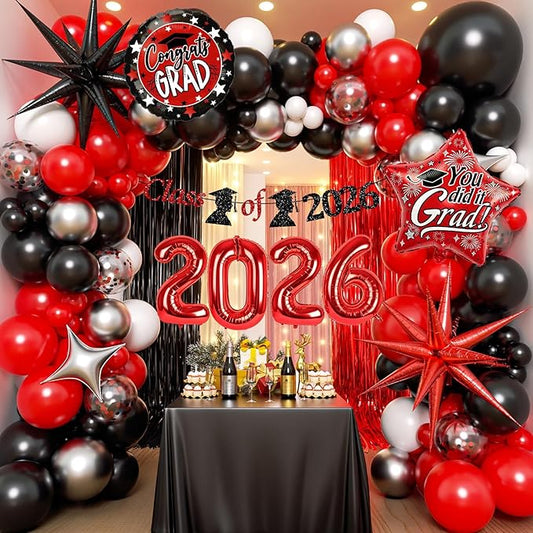 Red and Black Graduation Decorations with Fringe Curtain Banner Metallic Silver Confetti Black Red White Balloons for Graduation Decorations 2026