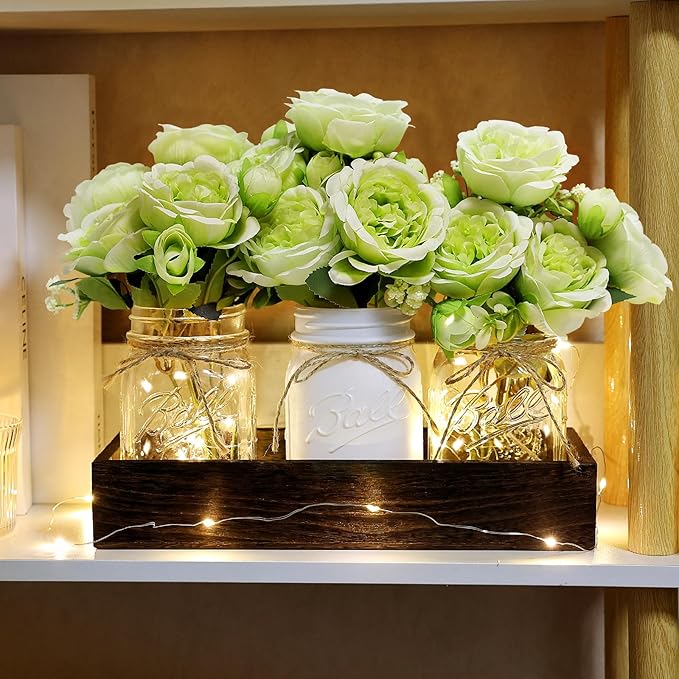 Mason Jar Table Centerpiece with Wood Tray, Fairy Lights, and Fake Flowers for Dining Room, Farmhouse Coffee Table Decor for Kitchen Living Room - Green