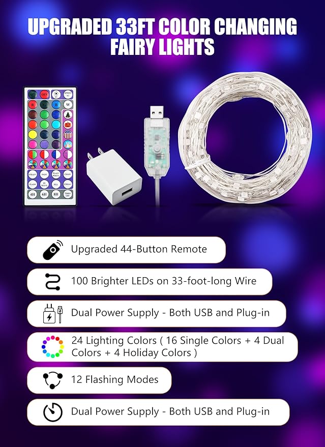 Minetom Upgraded Color Changing Fairy String Lights - 33 ft 100 LED 24 Colors USB Silver Wire Lights with Remote and Timer for DIY Bedroom Party Indoor Christmas Decoration, Adapter Included