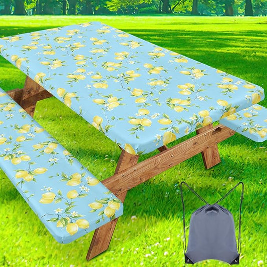 misaya Picnic Table Cover with Bench Cover, Waterproof Elastic Fitted Tablecloth for 8 Foot Tables, Rectangle Washable Polyester Fabric Tablecloths for Picnic, Camping, Outdoor (Lemon, 30" x 96")