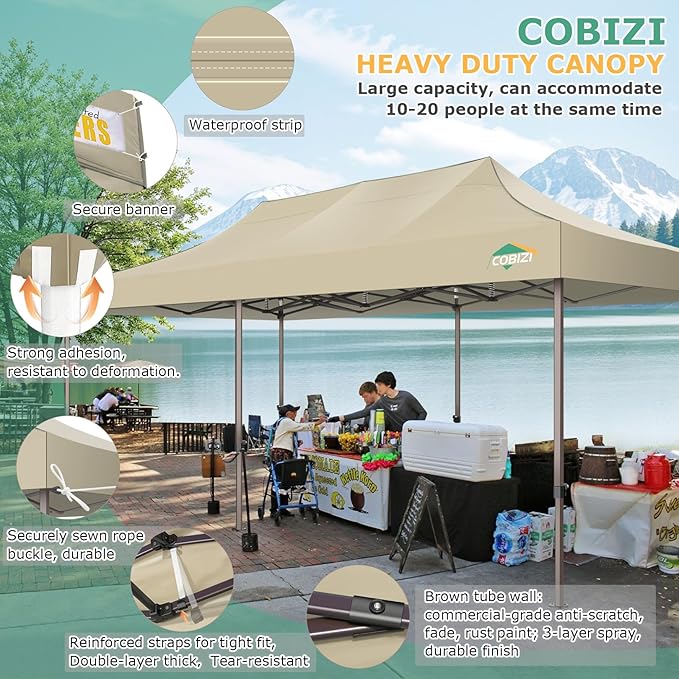 COBIZI 10x30 Pop Up Heavy Duty Canopy with 8 Sidewalls and Hexagonal Legs, Easy up Tent for Party, Wedding and Commercial, Outdoor Canopy with Carry Bag, Waterproof & UPF50+ (Khaki)