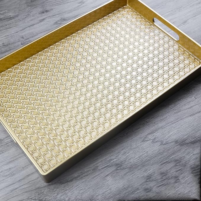 Gold Decorative Coffee Table Tray, Rectangular Plastic Serving Tray with Handles for Living Room, Ottoman, Bathroom, 15.7"*10.2"