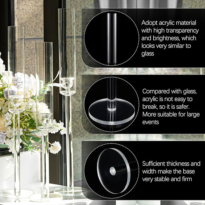 Vincidern 12pcs Taper Candle Holder Acrylic Candlestick Holder Clear Set for Table Centerpiece, Long Candle Stick Candle Stand Cylinder Shade for Wedding Party Dining Room Decor