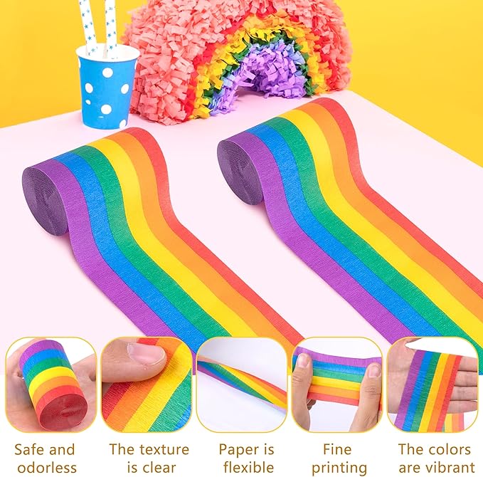 Tlswshsy 6 Rolls Rainbow Crepe Paper Streamers, 197 ft Colorful Crepe Rolls, Rainbow Streamer Paper Decoration for Pride Day Gay LGBT Birthday Wedding Ceremony Baby Shower Festivals Party DIY Crafts