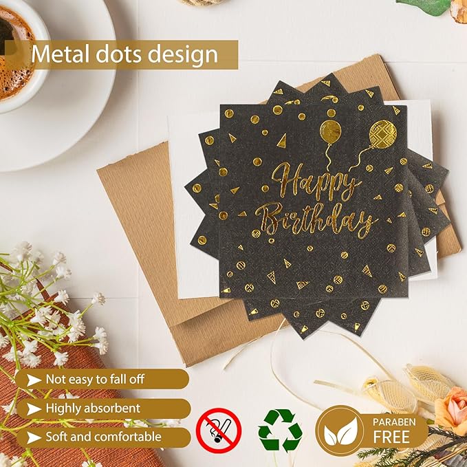 48PCS Happy Birthday Plates and Napkins Party Supplies, Black and Gold Disposable Paper Plates and Napkins with Forks Tableware Set for Birthday Party Decorations 16 Guests (Birthday Black)