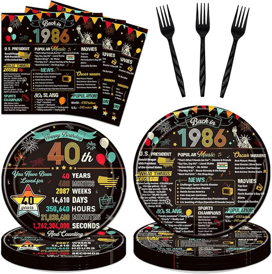 40th Birthday Plates and Napkins, 96PCS Vintage 40th Birthday Party Decorations Supplies for Women Men, Back in 1986 Cheers to 40 Years Disposable Tableware Set Serve 24