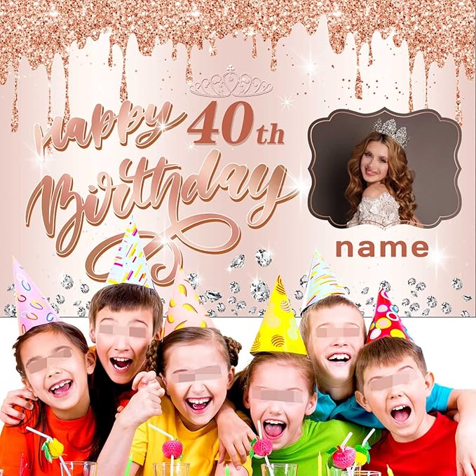 Customizable Rose Gold Happy 40th Birthday Decoration Banner - Personalized with Name and Photo