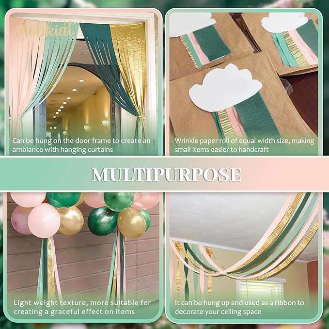 AOBKIAT Wedding Decor Sage Pink Gold Crepe Paper 8 pcs Streamers Party Decorations for Wedding,Rustic Bachelorette,Birthday,Bridal/Baby Shower,Anniversary Party Backdrop Decoration
