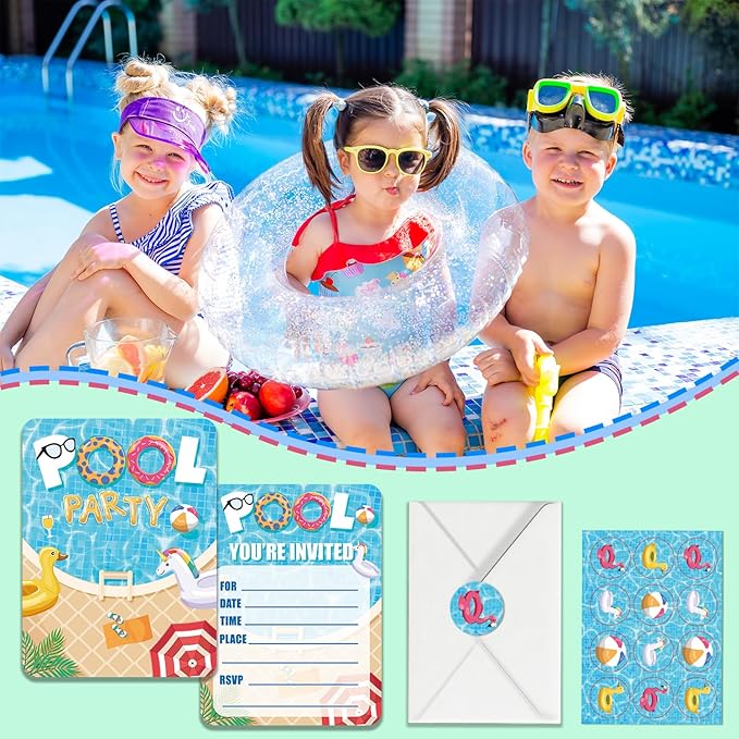 24 Pool Party Invitations with Envelopes and Stickers, Summer Birthday Swim Party Fill-In Invite Cards for Boys Girls, Splish Splash Pool Party Supplies Favors