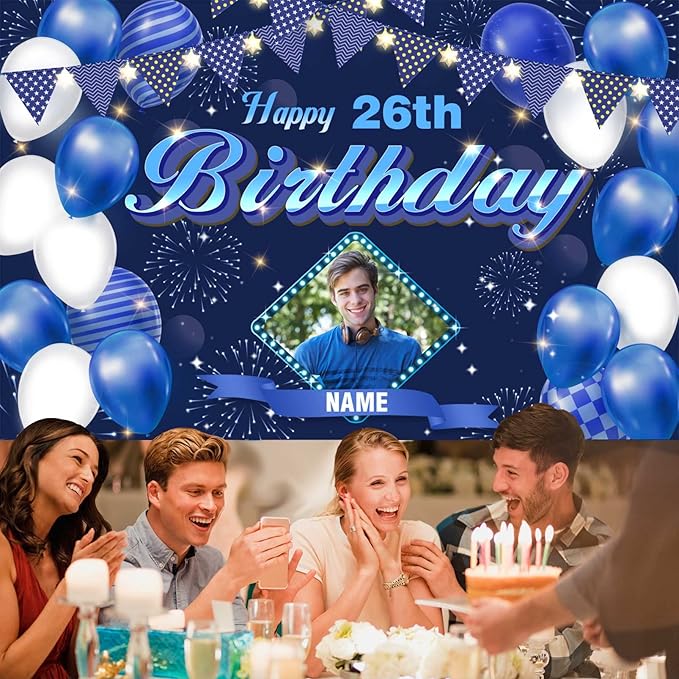 Custom Navy Blue Happy Birthday Decorations Backdrop, Personalized Glitter Sign, Banner, Party Supplies Photo Background for Children, Men, Women