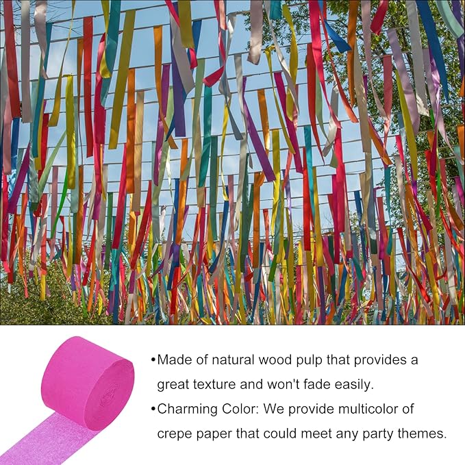 Crepe Paper Roll, Fluorescent Rose Red Crepe Paper Streamers Sheets, [for Party Streamer Decorations, Birthday Party] - 1.8 Inch x 82 ft / 2 Roll