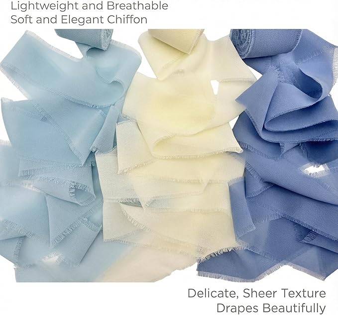 Frayed Edge Chiffon Ribbon 3 Pack, 1.5 Inch Wide Polyester Ribbon, 21 Yards Total in Sky Blue, Beige and Smoky Blue for Wedding Bouquet Wrapping, Gift Packaging and DIY Crafts