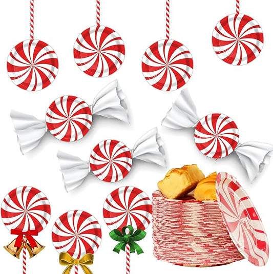 Wiooffen 80Pcs Christmas Peppermint Candy Paper Plates Party Supplies Decorations Candy Mint for Happy New Year Holiday Xmas Peppermint Party Supplies Red and White Striped Disposable Paper Tableware