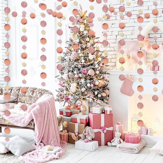 Outus 5 Pieces Rose Gold Round Dots Garland Graduation Party Hanging Decor Each Length 13.1ft Glitter Paper Dot Streamers for Birthday Wedding Classroom Supplies (Champagne)