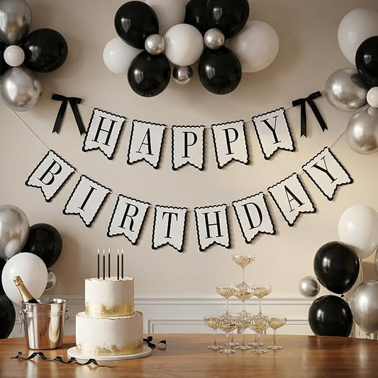 Black White Happy Birthday Banner with Satin Bows, Scalloped Edge Birthday Party Decorations, Easy to Assemble Happy Birthday Sign for Kids Adults Women Men, Indoor Outdoor Milestone Birthday Party Supplies