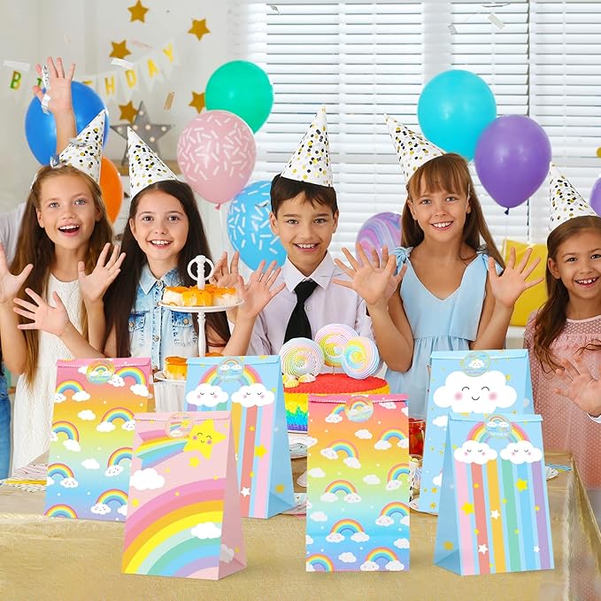 Nezyo 24 Pack Rainbow Goodie Bags with Stickers Rainbow Party Favor Bags, Turquoise, 8.7 x 4.7 x 3.1 Inch Pastel Gift Bag for Birthday Party Favors Candies Snacks Treats Decorations