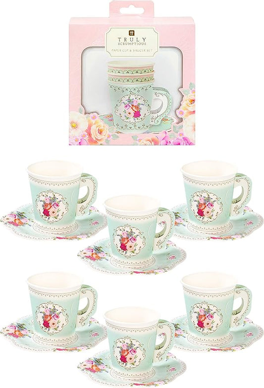 Talking Tables "24 x Vintage Floral Afternoon Tea Party Disposable Paper Saucer Truly Scrumptious | for Adults or Kids Birthday Party, Baby Bridal Shower, Wedding Anniversary, Paper, Height 8cm, 3"""