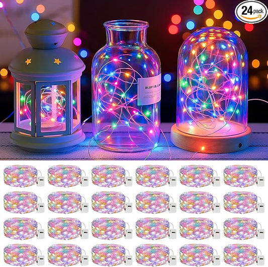 litogo 24 Pack 7FT 20 LED Fairy Lights Battery Operated, 3 Lighting Modes, Bulk Mini Twinkle String Lights Waterproof Silver Wire for Weddings Mason Jars Party Christmas Decorations-Multi-Colored