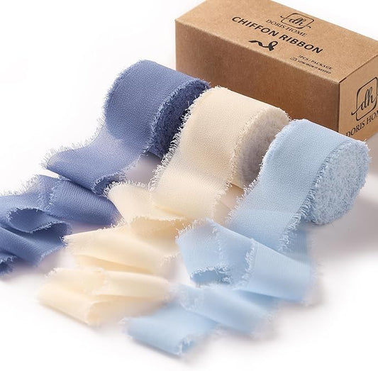 DORIS HOME Blue and Ivory Chiffon Ribbon for Flower Bouquet, 1" x21Yd Fabric Ribbon for Gift Wrapping, Handmade Frayed Ribbon for Wedding Invitations/Christmas Decorations