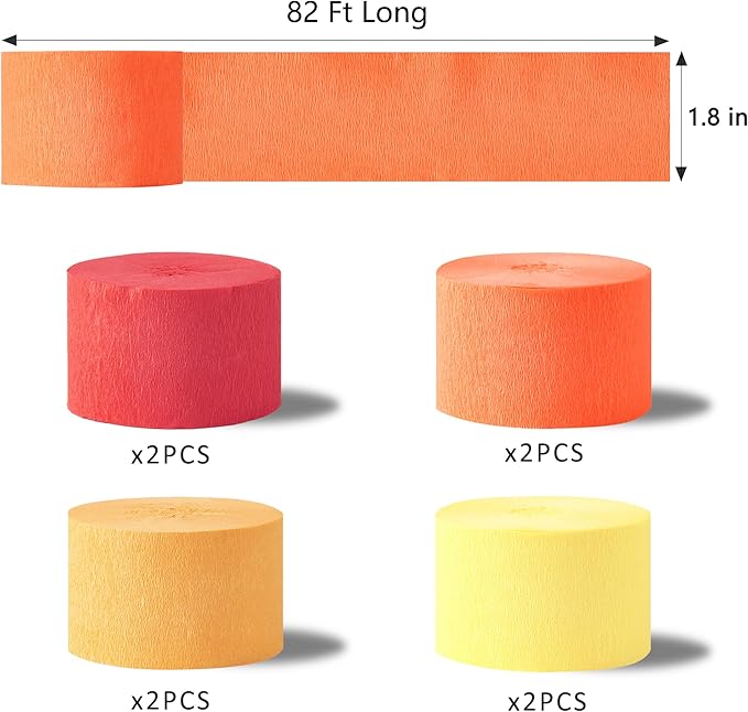 Orange Streamers Party Decorations, 8 Rolls 656ft Red Orange Yellow Crepe Paper Streamers for Thanksgiving Birthday Anniversary Firefighter Fall Decorations Supplies
