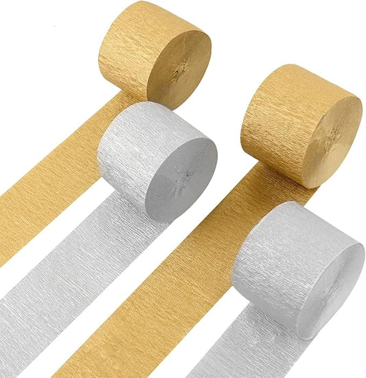 4 Rolls Crepe Paper Silver Gold Streamers – Perfect for Streamers Party Decorations, Wedding, Birthday, Colored Decor, and DIY Craft Supplies(1.8 Inch x 82 Ft/Roll)