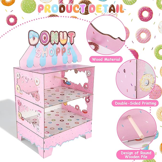 Donut Stand Birthday Party Decorations 3 Tier Sweet Candy Cupcake Holder Lollipop Ice Cream Dessert Table Decor for Girls Themed Birthday Party Supplies