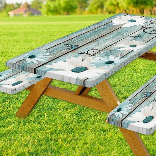 Rustic Daisy Picnic Table Cover with Bench Covers, Waterproof Farmhouse Vintage Floral on Wooden Board Teal Sunflowers Tablecloth for Camping Indoor Outdoor Party Decorations, 30X60in