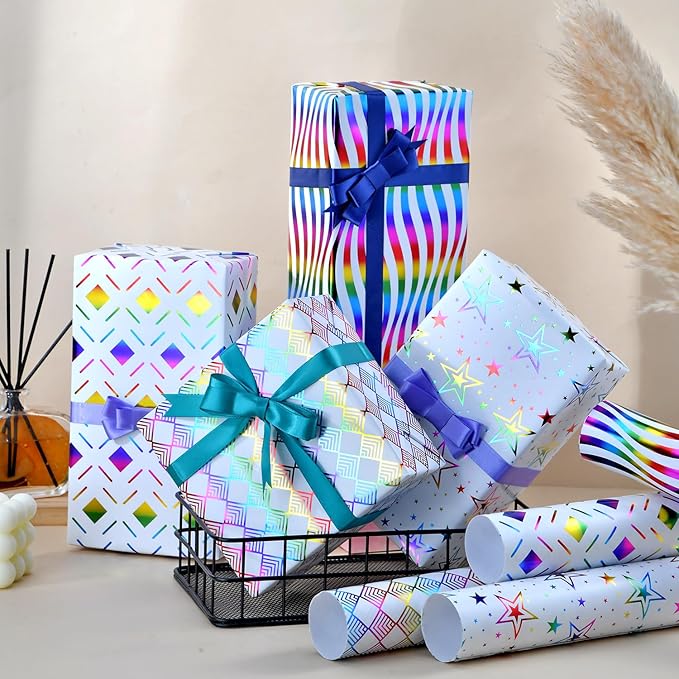 RUIFUN Gift Wrapping Paper, 6 Sheets Metallic Foil Birthday Wrapping Paper with Ribbon, Colorful Shiny Foil Gift Wrap Paper for Girls Women Birthday Christmas Wedding, 20 x 28 Inch