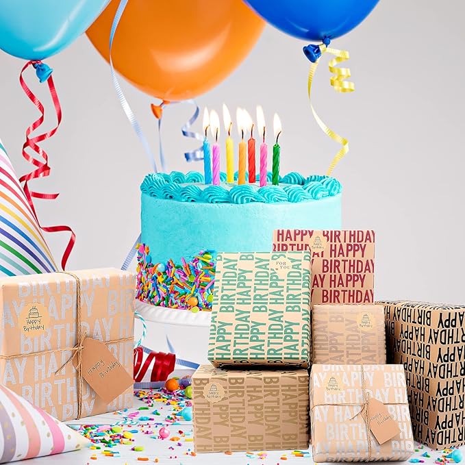 Birthday Wrapping Paper Set, 6 Sheets Kraft Brown Recycled Gift Wrapping Paper with Stickers, Gift Wrapping Paper with Happy Birthday Pattern Design for Kids Girls Women Boys Men Adults, 20×28 inches