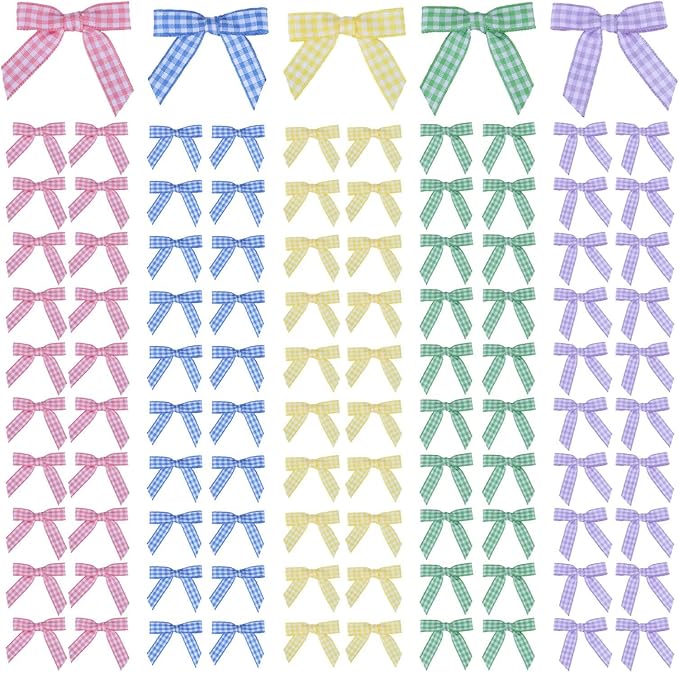 Meseey 100 Pcs 1.5 Inches Premade Craft Bows Self Adhesive Pink Green Blue Purple Yellow Gingham Ribbon Bows for Treat Bags Gift Wrapping Basket Wedding Baby Shower Brithday Party(Spring Set)