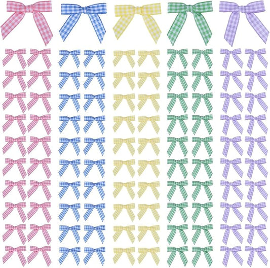 Meseey 100 Pcs 1.5 Inches Premade Craft Bows Self Adhesive Pink Green Blue Purple Yellow Gingham Ribbon Bows for Treat Bags Gift Wrapping Basket Wedding Baby Shower Brithday Party(Spring Set)