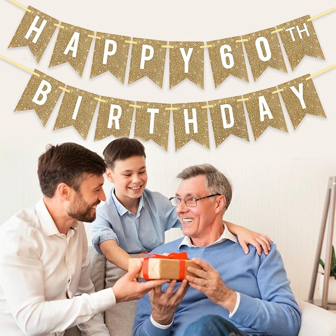 Netnology Pre-Strung Gold Happy 60th Birthday Banner Decorations,12 ft No DIY Gold Glitter 60th Birthday Party Banner Sign Decor for Women Men Girl Boy Party Supplies