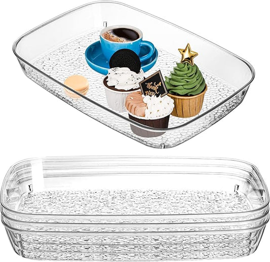 Lyellfe 4 Pack Clear Serving Tray, 15 x 10 Inch Deep Serving Platter, Spill Proof Decorative Coffee Table Perfume Tray for Bathroom, Dining Table, Vanity Cabinet