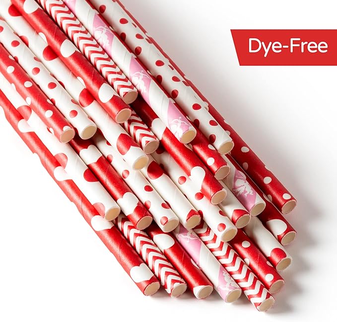 [100 Pack] Valentine Paper Straws, φ0.24''*8.27'' Red Heart Paper Straws for Valentines, Wedding, Party, Eco Friendly Drinking Straws (Red Heart, 0.24''*8.27'')