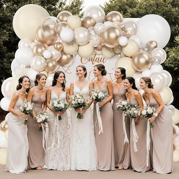 Amandir 153 Pcs White Sand Metallic Champagne Gold Balloons Arch Garland Kit Different Sizes 18 12 10 5 Inch Pearl White Clear Beige Neutral Balloons Baptism Birthday Bridal Shower Wedding Decorations