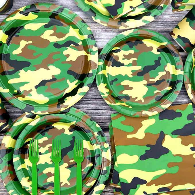 Camo Party Supplies - Army Party Tableware - Dinner Plates, Dessert Plates, Napkins, Forks for Boy Camouflages Hunting Military Party Supplies, Serves 25