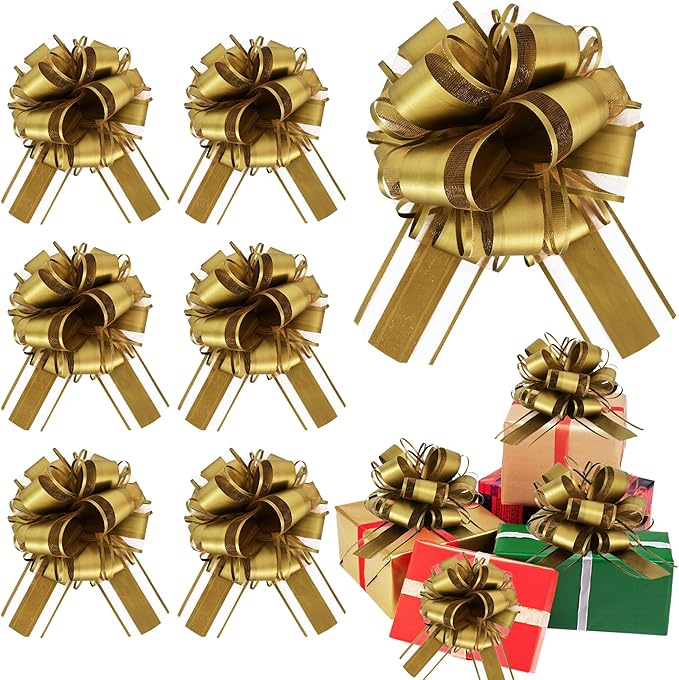 6pcs 7 Inch Pull Bows Gold Gift Wrap Bows for Gift Wrapping, Ribbon, Basket, Flower, Christmas, New Year, Birthday, Graduation, Party Decorations