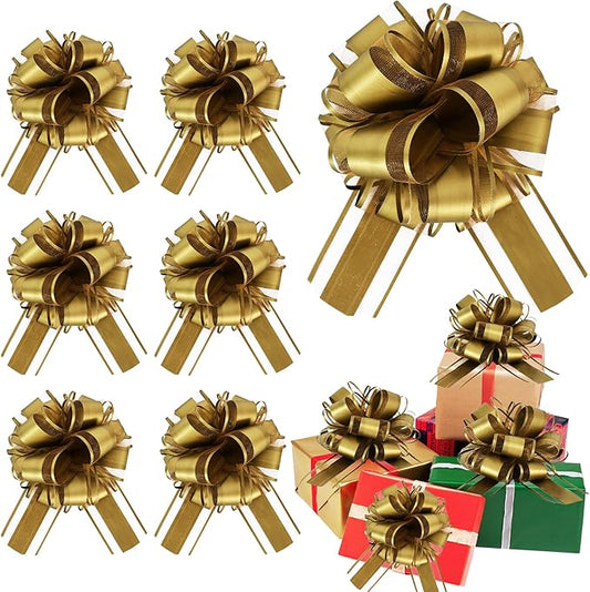 6pcs 7 Inch Pull Bows Gold Gift Wrap Bows for Gift Wrapping, Ribbon, Basket, Flower, Christmas, New Year, Birthday, Graduation, Party Decorations