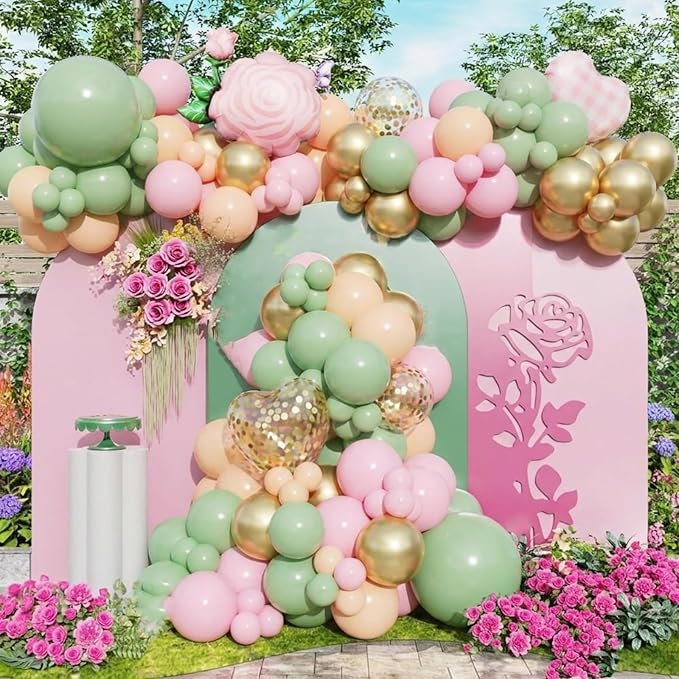Pink and Green Balloons, 12inch 65Pcs Retro Green and Pink Balloons with Metallic Gold for Birthday Bridal Shower Baby Shower Decorations