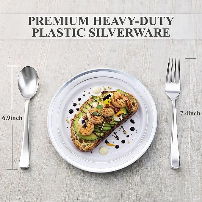 Goodluck 100 PCS Silver Plastic Silverware, Heavy Duty Plastic Cutlery Includes 50 Forks and 50 Spoons, Elegant Disposable Utensils, Durable Flatware for Parties, Weddings Catering and Dinners