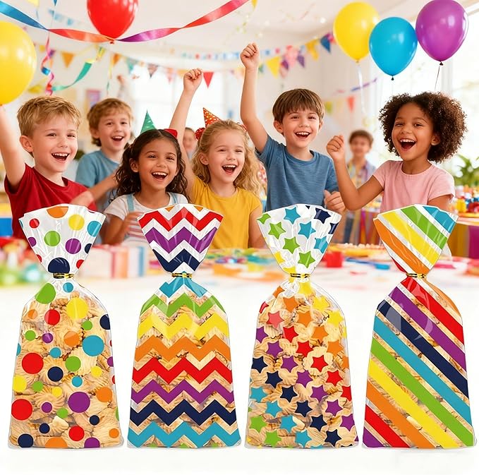 50 Pcs Rainbow Cellophane Treat Bags, Polka Dot Stripes Stars Printed Pattern Mixed Bags, Goodie Candy Favor Bags with Twist Ties for Pride Day, Baby Birthday Party Supplies(5inch x 10inch)