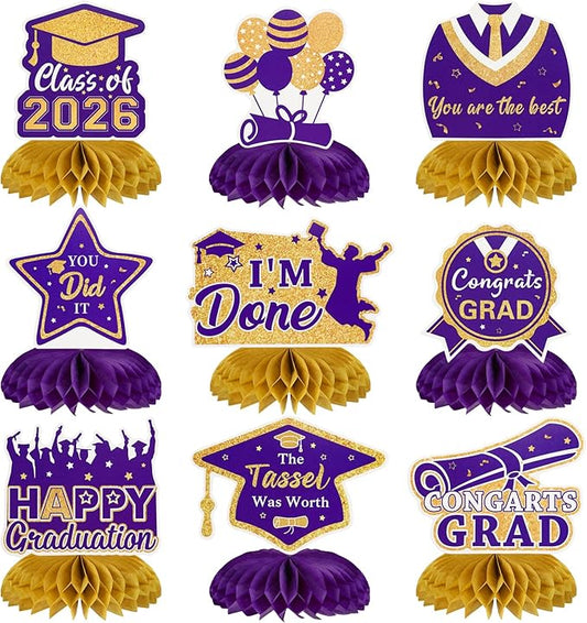 Graduation Decorations Class of 2026 Honeycomb Centerpieces, 9PCS Graduation Centerpieces for Tables, Congrats Grad Table Toppers for Middle High School College Graduation Decorations (Purple Gold)