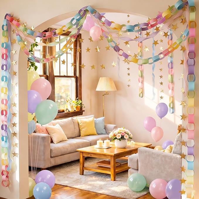 Gleebixi Pastel Birthday Party Decorations Kit with 492ft Crepe Paper Streamers, 300 Sheets Paper Chain Strips, 78.6ft Gold Star Garland and 30Pcs 12" Pastel Balloons for Hanging Decor