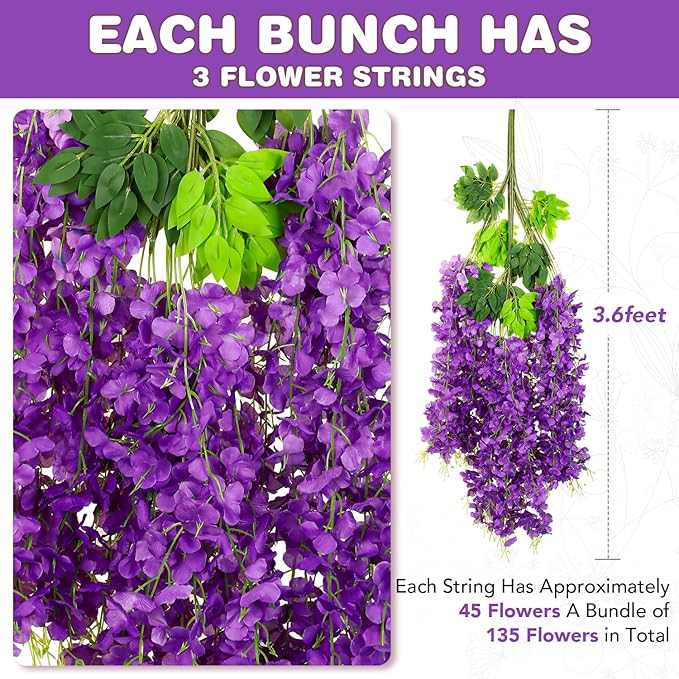 Alotiki Wisteria Hanging Flowers,Fake Hanging Flowers,Wisteria artificiales Garland for Home Wedding Arch Floral Party Garden Ceremony Outdoor Decor,3.6 feet Long(108,Purple)