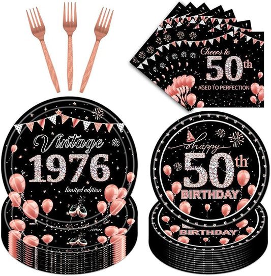 50th Birthday Party Tableware, 96PCS Vintage 50th 1976 Birthday Decorations for Women Her, Rose Gold 50 Years Old Paper Plates Forks Napkins Dinnerware Supplies