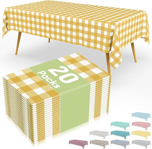 Smiry 20 Packs Gingham Disposable Table Cloth, 54 x 108 Inch Waterproof Plastic Tablecloth, Rectangle Gold and White CheckeGold Table Covers for Picnic, Birthday, Party