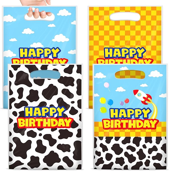 Bsenhe 60PCS Cartoon Goodie Bags, Cartoon Birthday Party Favor Gift Bags Blue Sky White Cloud Cow Plastic Candy Bags for Themed Party with Handle