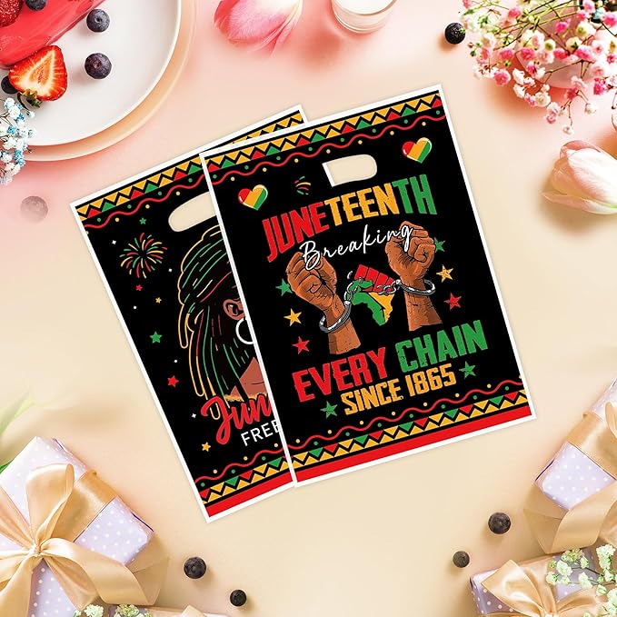 MOIZYNG 50Pcs Juneteenth Gift Bags with Handles, Black Juneteenth Freedom Day Plastic Candy Treat Goodie Bags for African American Independence Day Party Favors Supplies